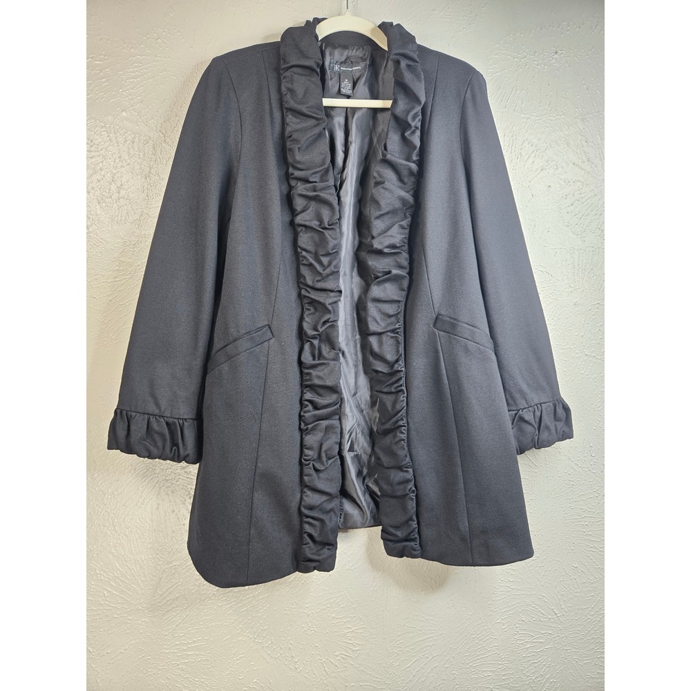INC Ruffle Trim Open Front Blazer M Black Longline Jacket Preppy Goth Steampunk